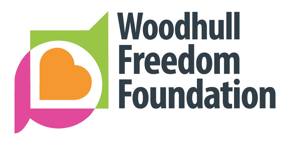 Woodhull logo in pink, green, and orange. Words reading 