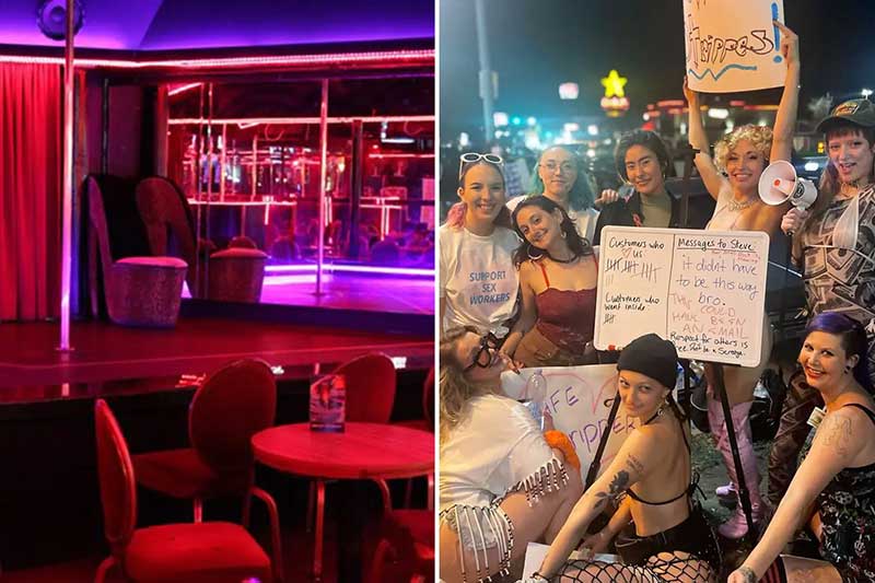 A strip club is photographed next to a photograph of strippers on strike