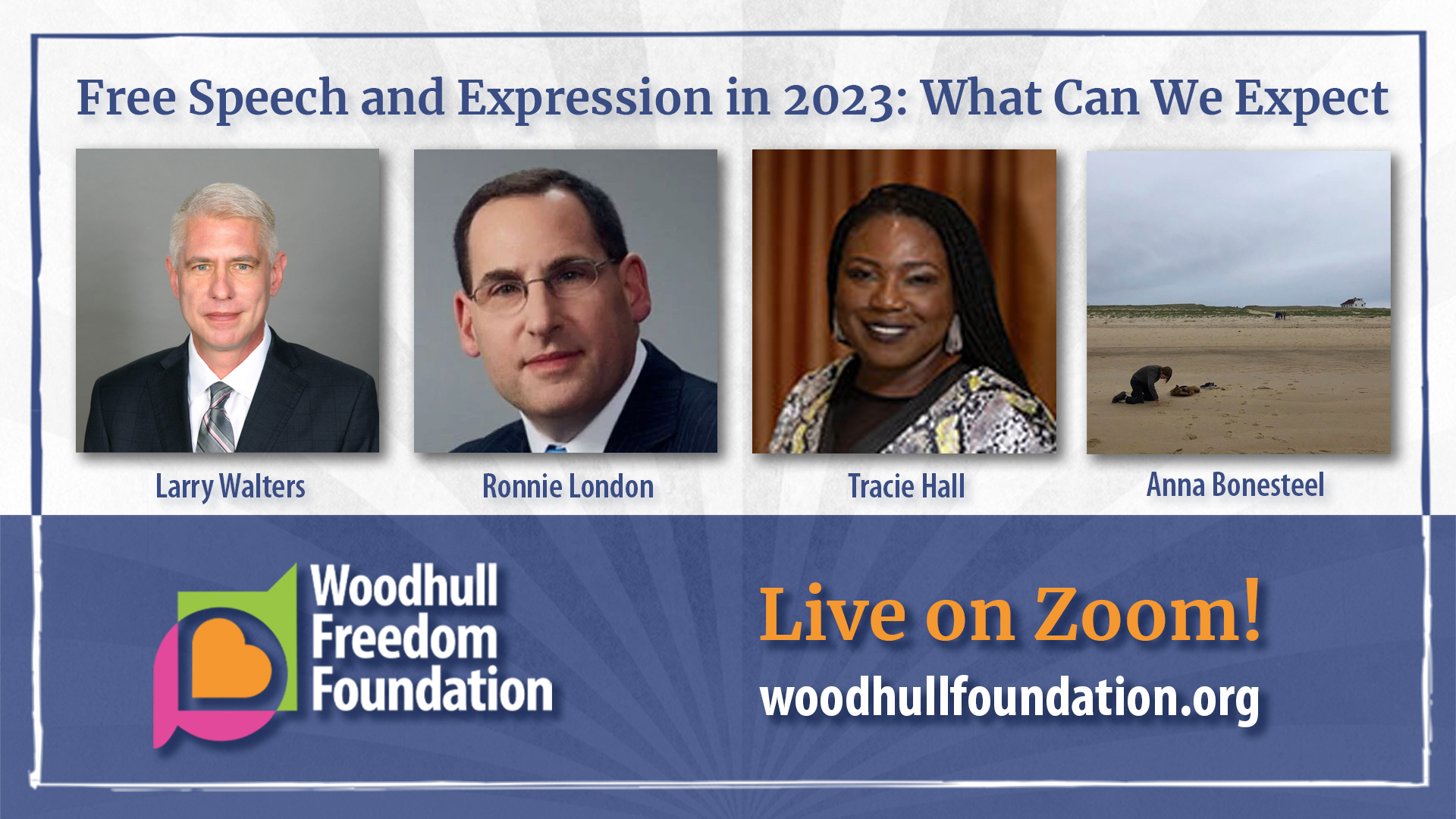 Promotional Graphic for Woodhul's Program called "Free Speech and Expression in 2023: What Can We Expect"