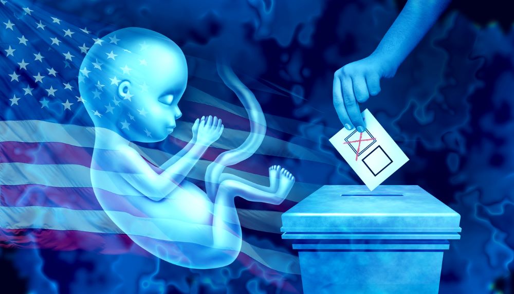 An illustrated image of a baby, a flag and a ballot box.