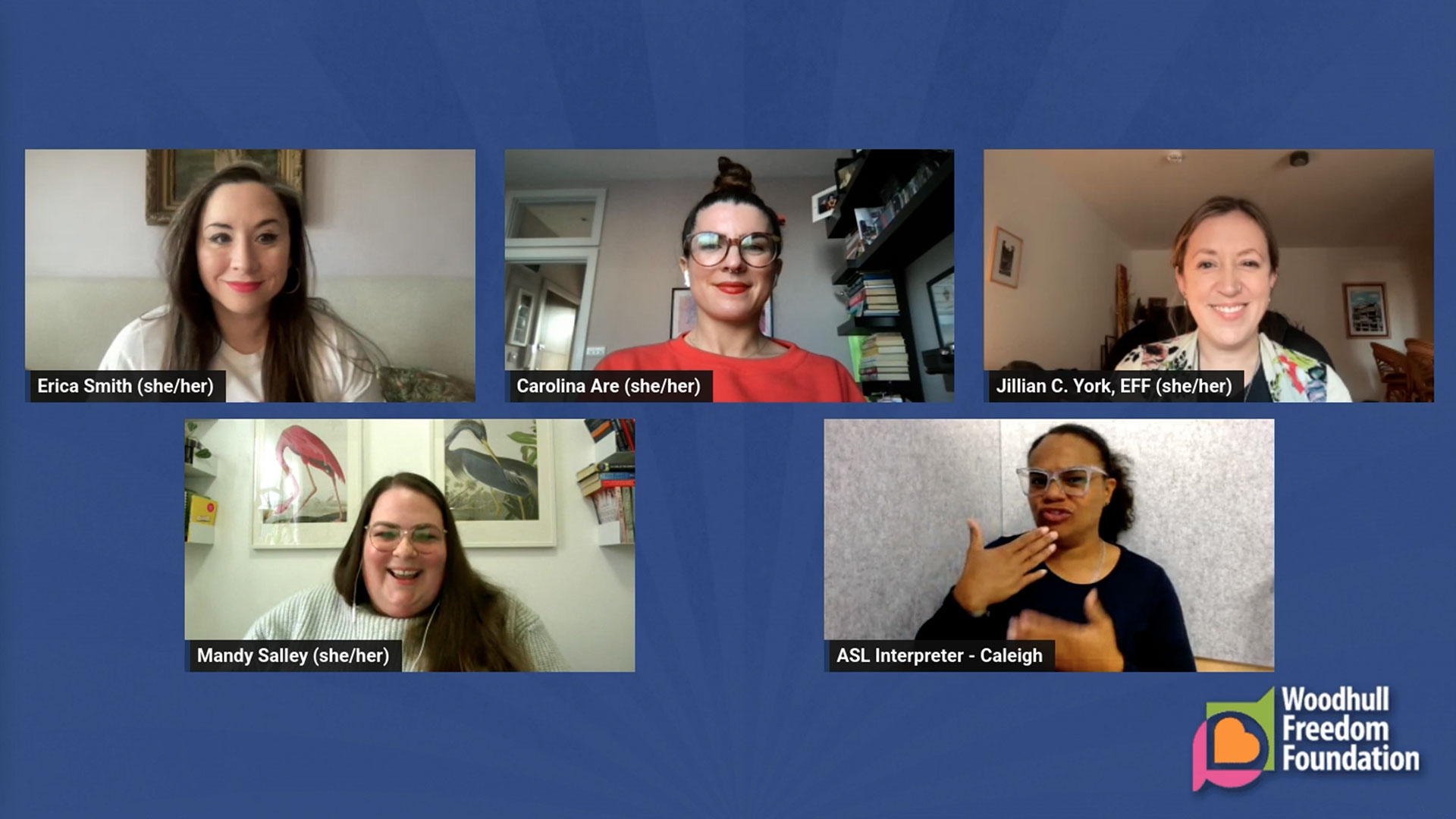 Screenshot of panelists, moderator and ASL Interpreter for "The Byte Barrier" virtual program.