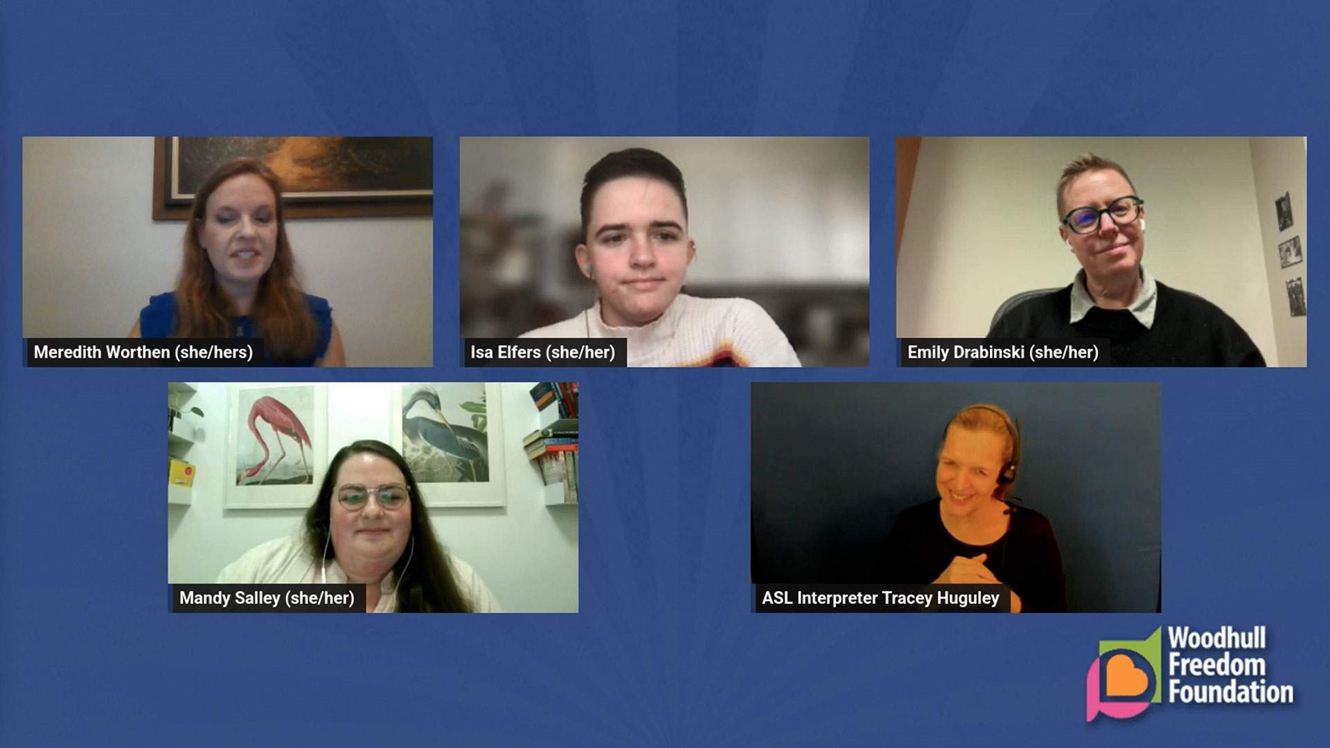 Screenshot of Panelists, Moderator and ASL Interpreter from May's Censorship Program, "Unwritten Harm: The Mental Health Impact of Censorship on Sexual Freedom."