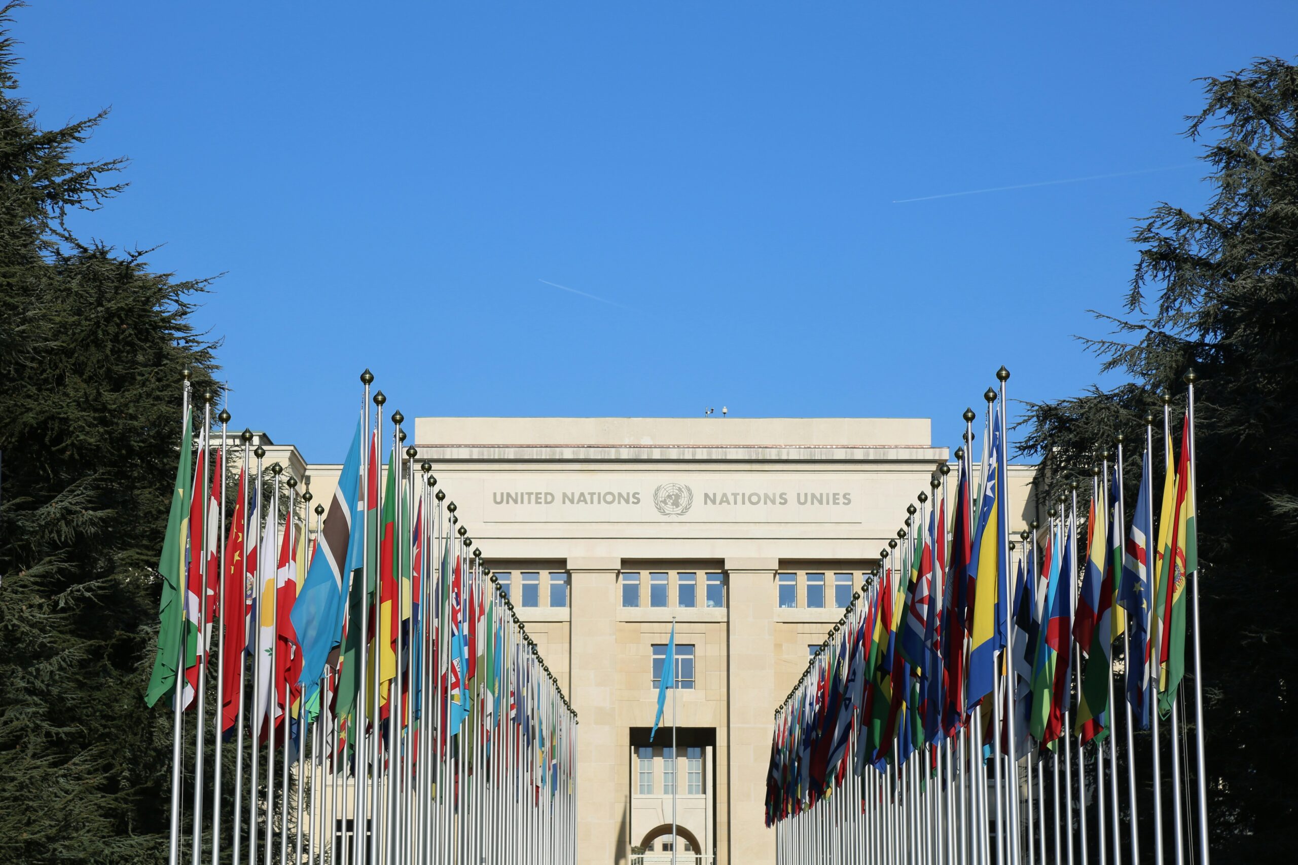 A photo of a building with a lot of flags in front of it