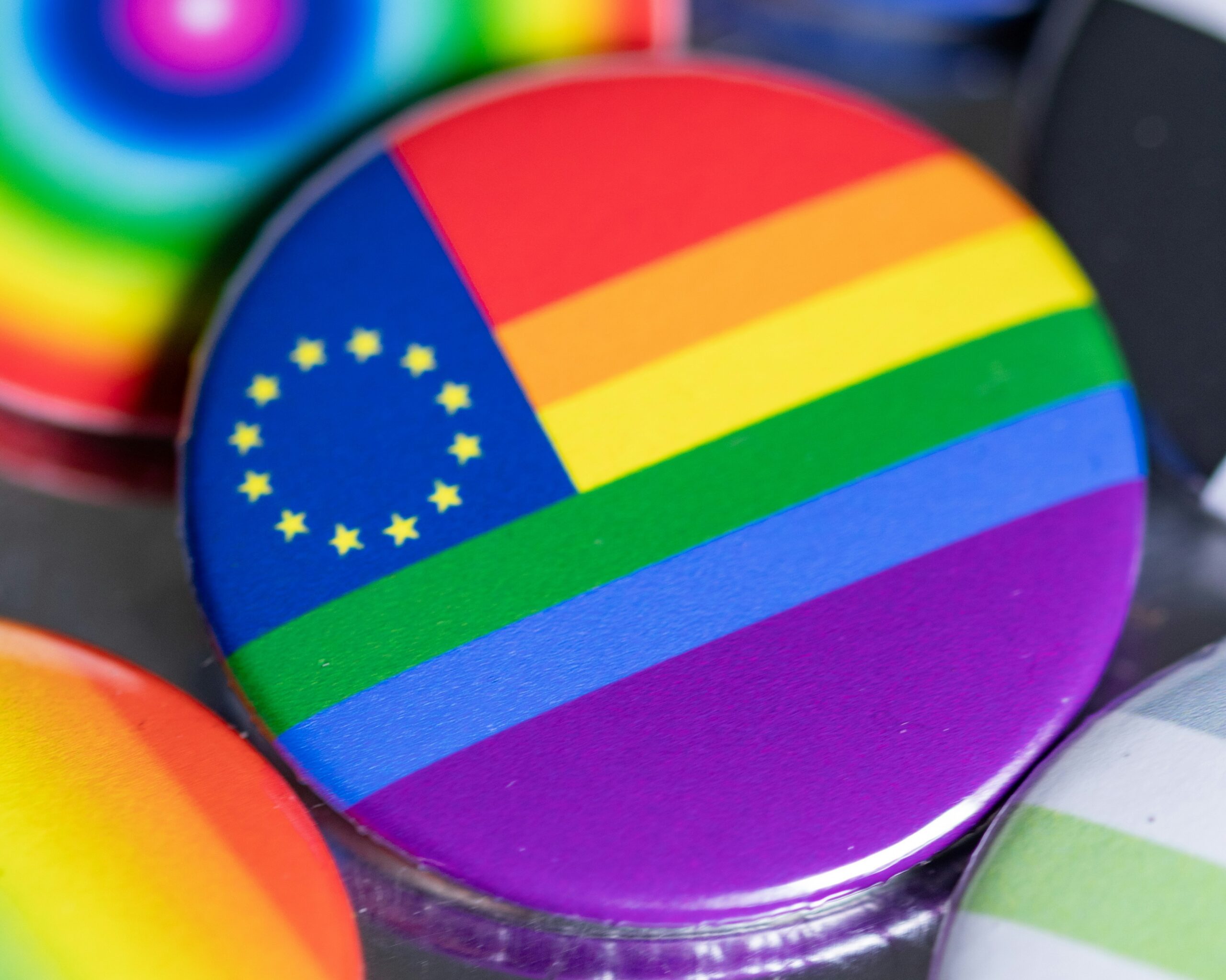 a large round circle that is full of a rainbow pride flag; in the upper left corner of the circle is a blue field with 12 stars which is representative of the European Union flag